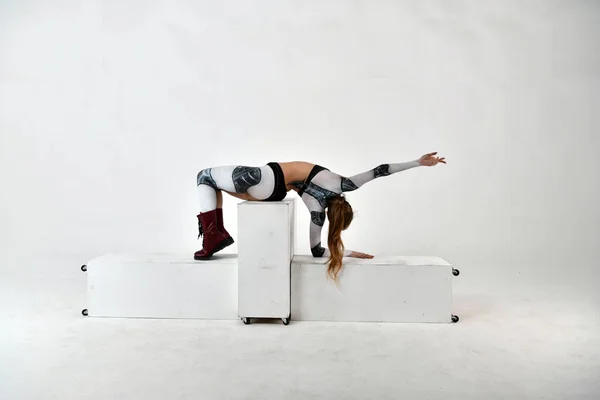 Beautiful Girl Robot Suit Doing Exercises Posing White Background — Stock Photo, Image