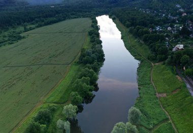 Orman çayırlarının panoramik manzarası ve insansız hava aracından çekilen nehir.