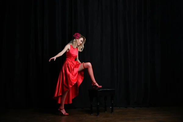 Beautiful Girl Evening Red Dress Posing Black Background — Stock Photo, Image