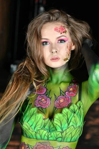 Beautiful Girl Flowers Her Face Painted Burgundy Peonies Posing Different — Stock Photo, Image