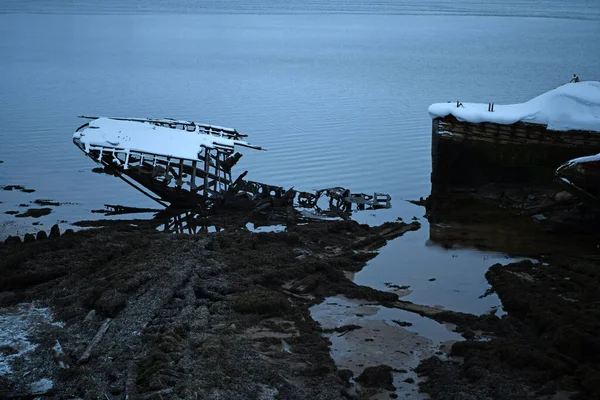 Elveszett Hajók Temetője Öbölben Télen Északi Sarkon — Stock Fotó
