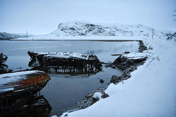 Cimetière Navires Perdus Dans Baie Hiver Dans Arctique — Photo