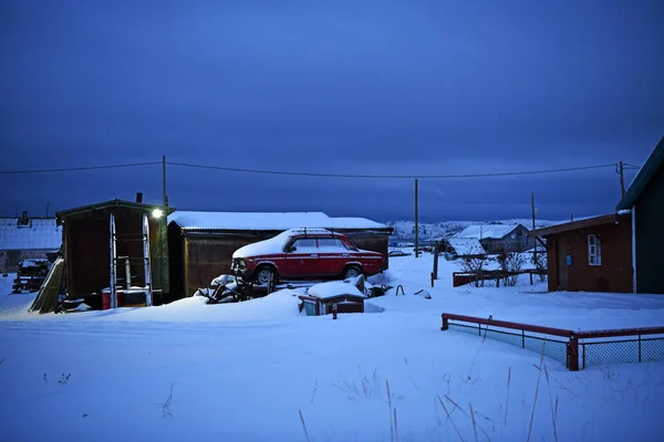 Paisagens Aldeia Inverno Uma Noite Polar Ártico — Fotografia de Stock