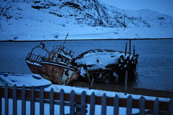 Paysages Villageois Hiver Par Une Nuit Polaire Dans Arctique — Photo