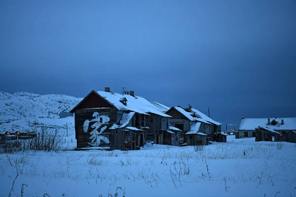 Paisagens Aldeia Inverno Uma Noite Polar Ártico — Fotografia de Stock