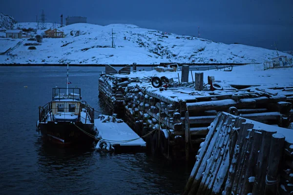 Paisagens Aldeia Inverno Uma Noite Polar Ártico — Fotografia de Stock