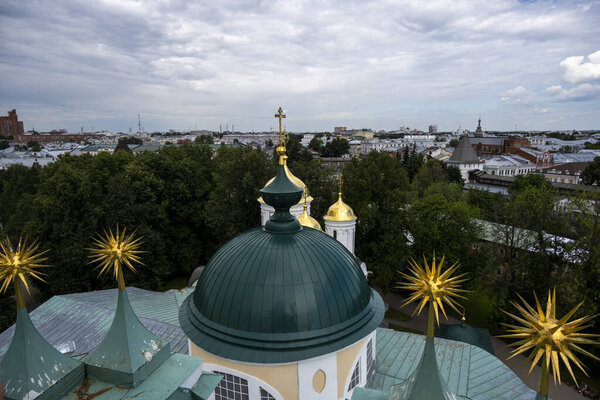 city view through the eyes of a hiker on ancient buildings
