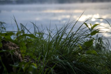 Gün doğumunda gölün ortasındaki antik ada manastırı.