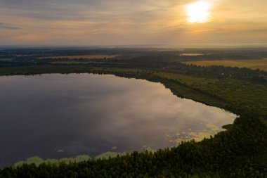 Yazın ormanın ve gölün panoramik manzarası 
