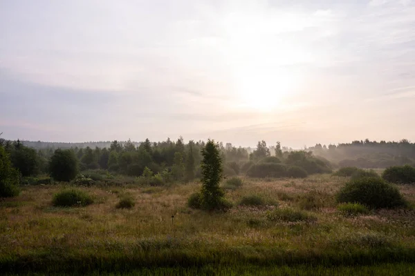 Sunrise Morning Haze Fog Buildings Trees Fields — Stock Photo, Image