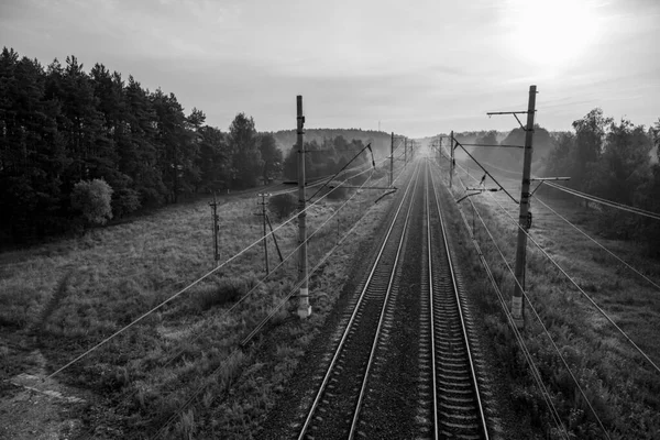 霧に包まれた早朝の景色の中を走る鉄道は — ストック写真