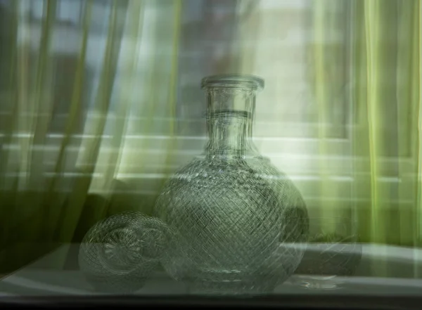 Still Life Beautiful Glass Decanter Green Background — Stock Photo, Image