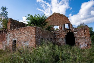 Mavi gökyüzüne karşı yeşil ağaçların arasında eski bir malikanenin kalıntıları.
