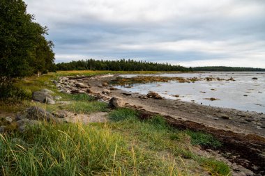 Mavi bulutların arka planında deniz ve kıyı şeridi olan manzara ve kuzey adasında batan güneş