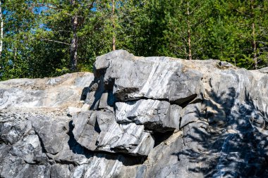 Doğal bir anıtın çam ormanında işlenmiş mermer bloklar.