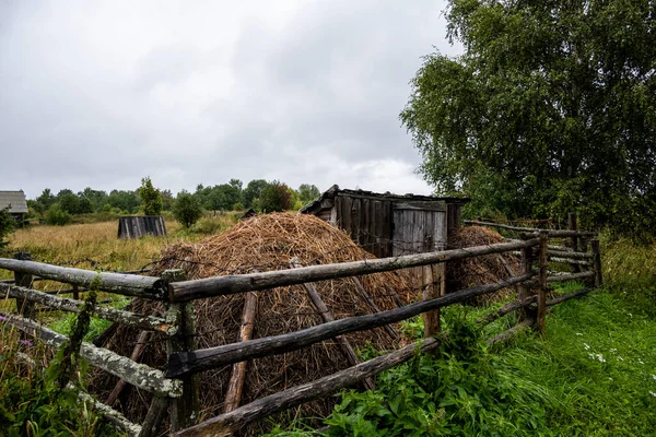 Gri kuzey gökyüzünün arka planına karşı çok eski bir yapının kırsal ahşap evleri ile manzara
