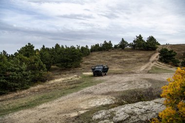 Sarı sonbahar dağlarının panoramik görüntüsü mavi sis ve fırtına bulutlarının arka planına karşı bir dron tarafından filme alındı.
