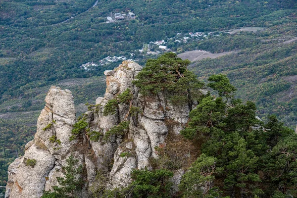 Panoramisch Uitzicht Bergen Vallei Tegen Achtergrond Van Groene Pijnbomen Herfstlucht — Stockfoto