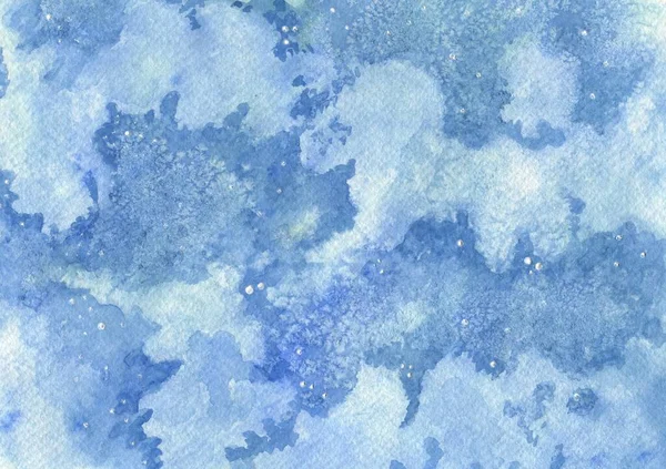 Watercolor effect on watercolor paper. Cloudy sky with watercolor hand drawn stains.