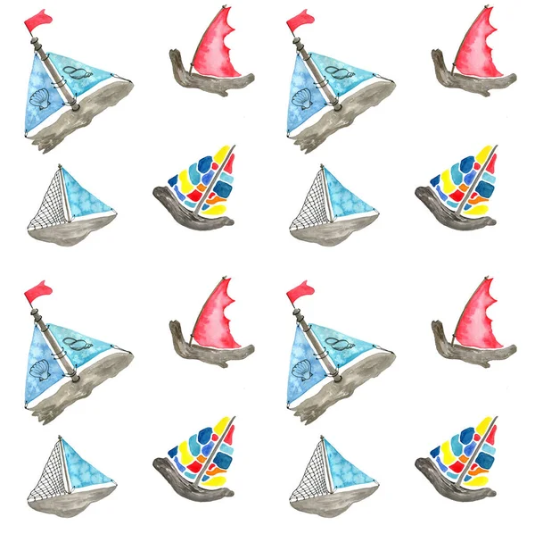 Seamless pattern, set of watercolor handpaint colorful sail boats isolated on white background.