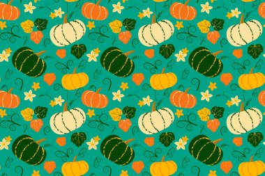 Şirin balkabakları ve kumaş, ambalaj kağıdı veya duvar kağıdı için pürüzsüz vektör deseni bırakıyor. Sebze sonbahar arkaplanı.