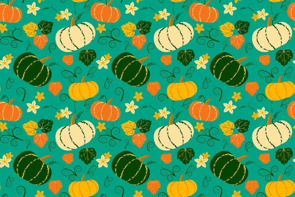 かわいいカボチャと布 包装紙や壁紙のためのシームレスなベクトルパターンを残します 野菜の秋の背景 — ストックベクタ