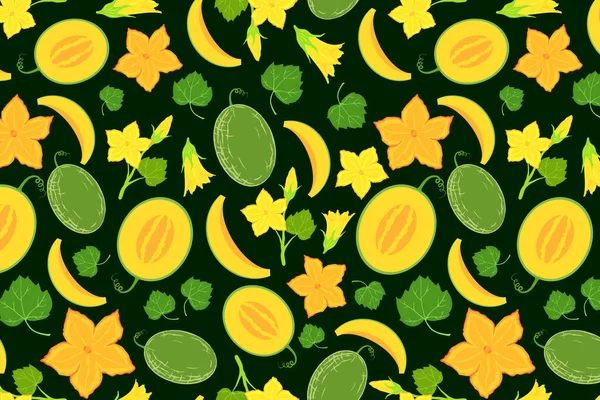 Soczysty Melon Bezszwowy Wzór Kwitnącymi Elementami Żółte Owoce Powtarzające Się — Wektor stockowy