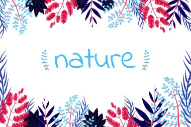 Tropik mavi ve mor bitki vektör şablonu. Pankart, kartpostal, kart, takvim, ajanda ve poster için güzel el çizimi..