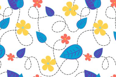 Parlak çiçekli vektör kusursuz desen. Yapraklar ve çiçekler mavi, kırmızı ve sarı renkte. Kumaş, tekstil, duvar kağıdı, takvim, afiş, kapak için güzel el çizimi.