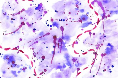 Soyut suluboya arka plan. Elle boyanmış doku, sıçramalar, boya damlaları, boya lekeleri, mürekkep lekeleri. Arkaplan, duvar kağıdı, kapak, baskı tasarımı için tasarım.