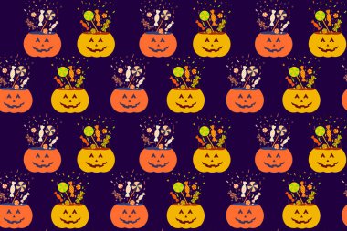 Cadılar bayramı desenli güzel bir balkabağı şakası ya da şeker kovası. Yazdırma tasarımı, kumaş, tekstil, duvar kağıdı, ambalaj kağıdı için vektör cadılar bayramı resmi.