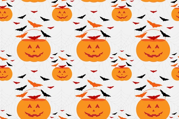 Pumpkin Bucket Bats Seamless Pattern Vector Hand Drawn Halloween Illustration — Stock Vector