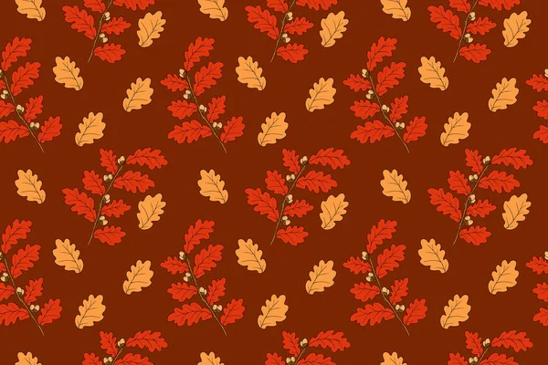 深い秋のパレットにアコーンとオークの枝を手描き 秋の気分でベクトルシームレスパターン ファブリック カバー カレンダー 包装紙のための赤い葉のテクスチャ — ストックベクタ