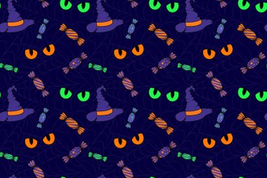 Tatlı cadılar bayramı kusursuz deseni. Cadı şapkası, kedi gözü ve Cadılar Bayramı partisi için tatlı öğeleri. Kumaş, tekstil, duvar kağıdı, ambalaj kağıdı, arkaplan için baskı tasarımı