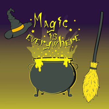 Sihir her yerde posterler asıyor. Cadılar Bayramı tasarımınız için el çizimi illüstrasyon. Cadı ekipmanı. Sihirbaz şapkası kazanı ve süpürge elementleri.