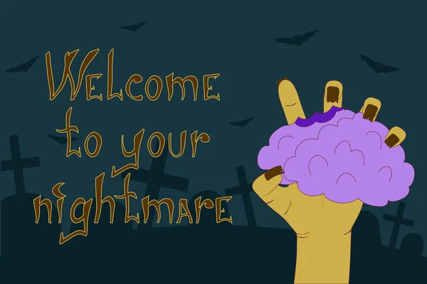 Welkom Bij Nachtmerrie Halloween Illustratie Enge Poster Met Hersenen Zombie — Stockvector