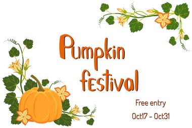 Balkabağı festivali posteri. Çiçekli ve dizaynlı balkabağı bitkisi. Festival için vektör daveti. Sonbahar hasat festivali afişi