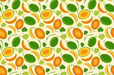 Olgun, sarı kavunlu, pürüzsüz desen. Dilimlenmiş çilek, çiçekler ve tohumlar. Kumaş, tekstil, kapak, duvar kâğıdı, takvim için el çizimi. Organik vejetaryen yemek arkaplanı. EPS 10