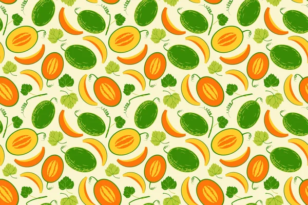 Melon Jaune Mûr Motif Sans Couture Baies Entières Avec Tranches — Image vectorielle