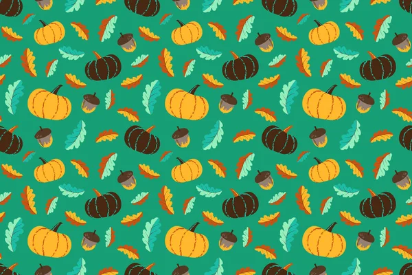 かわいい秋のシームレスなパターン カボチャとアコーンの要素のイラスト 包装紙や壁紙のための手描きベクトル印刷デザイン 秋の気分で野菜の背景 Eps — ストックベクタ