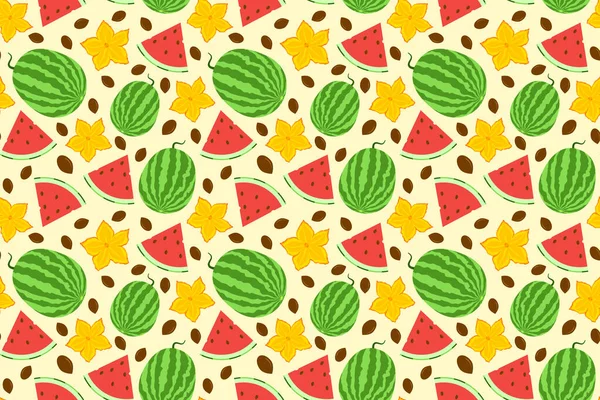 Cute Watermelon Seamless Pattern Whole Berry Slice Flowers Seeds Hand — Stock Vector