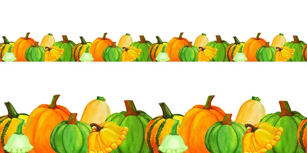 Watercolor pumpkin seamless border, easy to edit background. Nice autumn harvest illustration for postcard, banner, autumn festival poster, print design, frame, washi tape, paper adhesive tape, ribbon
