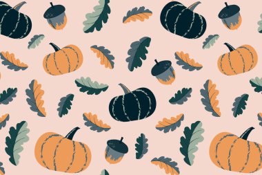 Sevimli sonbahar pürüzsüz deseni. Balkabağı ve meşe palamudu örnekleri. Kumaş, ambalaj kağıdı veya duvar kağıdı için el çizimi vektör baskısı tasarımı. Sonbahar havasında sebze arka planı. EPS 10