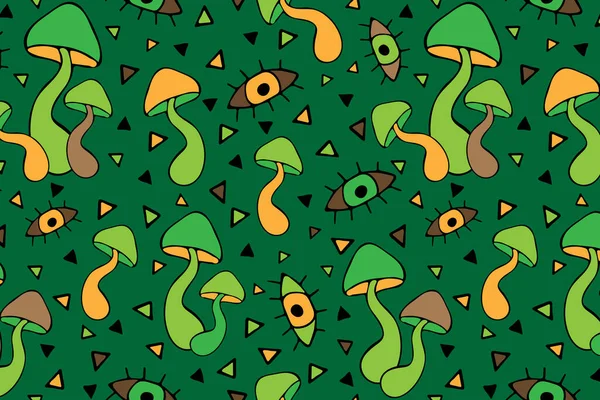 Зелений Психоделічний Вектор Безшовний Візерунок Грибами Очима Грандж Зелена Ілюстрація — стоковий вектор