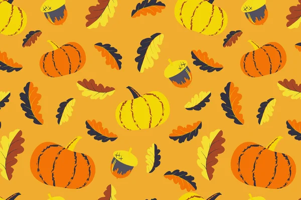 Roztomilý Podzimní Bezproblémový Vzor Dýně Žaludy Prvky Ilustrace Ručně Kreslený — Stockový vektor