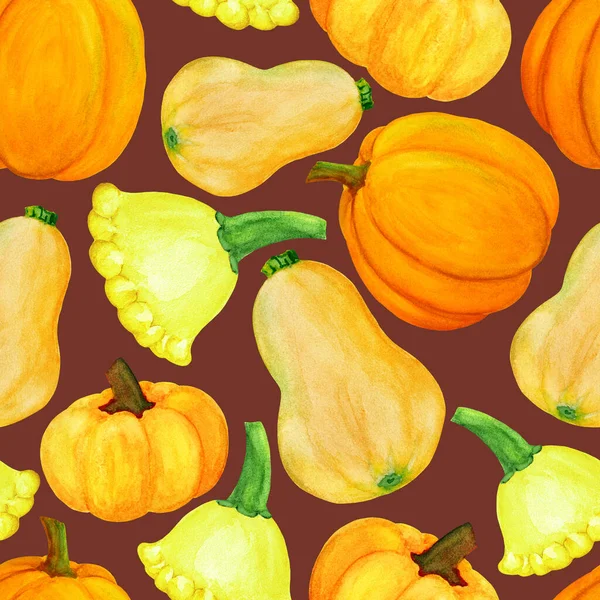 オレンジグリーンのカボチャの水彩シームレスパターン — ストック写真