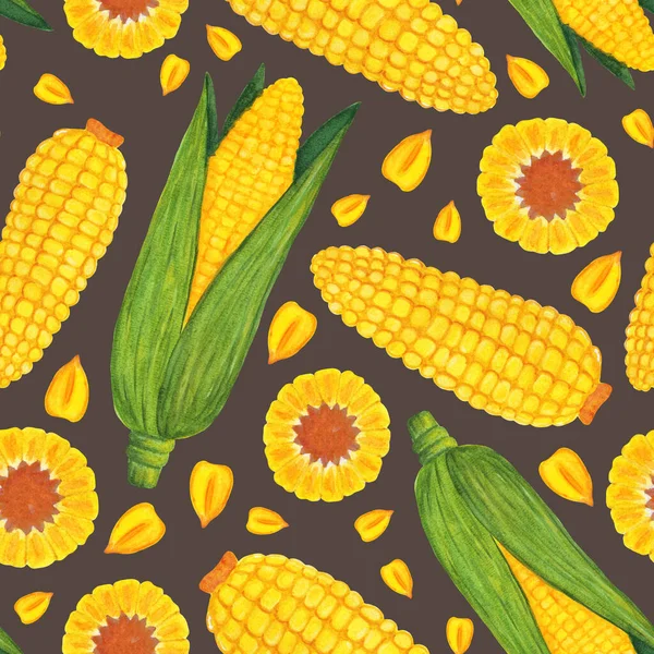 Bonito patrón sin costura de maíz acuarela con granos —  Fotos de Stock