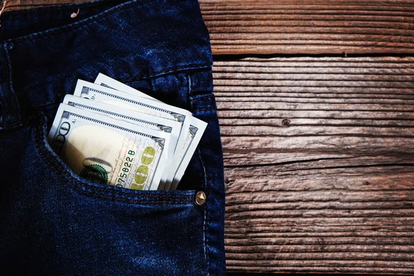 Banconote Cento Dollari Nella Tasca Anteriore Dei Pantaloni Denim Copyspace — Foto Stock