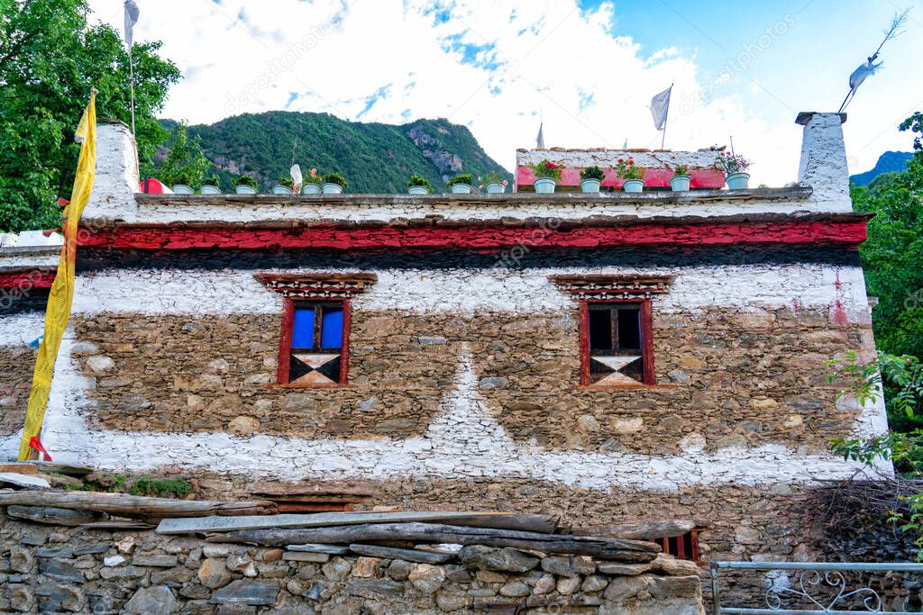Jiaju Tibetan village, a Tibetan community in Western Sichuan, China. The characteristic dwellings of Tibetan areas in Sichuan. Jiaju Tibetan VillageDanba Local CastleSichuan province in China