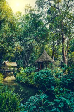 Du Fu Thatched Kır Evi Müzesi, Chengdu, Sichuan, Çin 'de bambu ve pavyon yaptım. Du Fu Kır Evindeki Göl